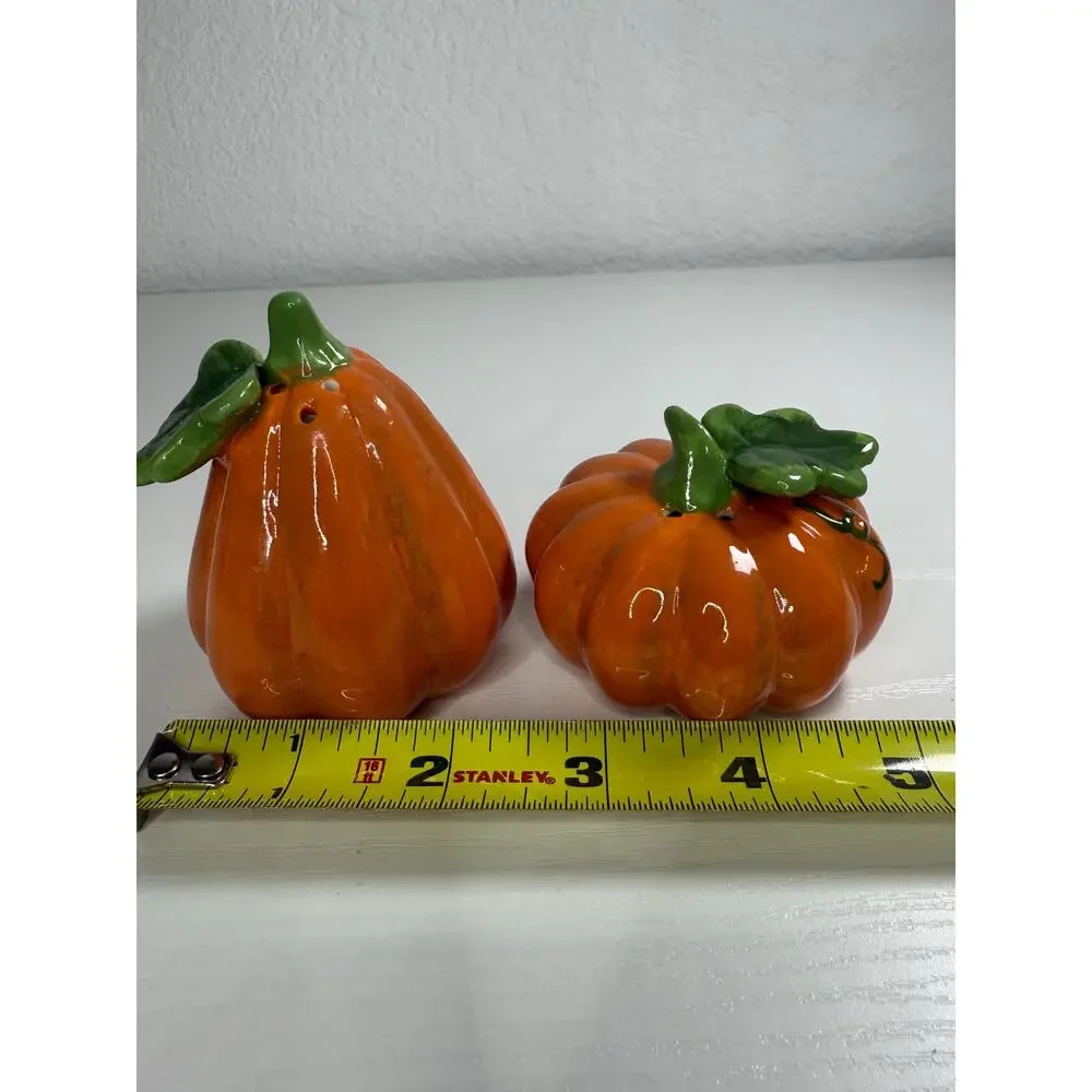 Vintage Pier 1 Ceramic Pumpkin Salt and Pepper Shaker Set, Orange Glaze, Fall